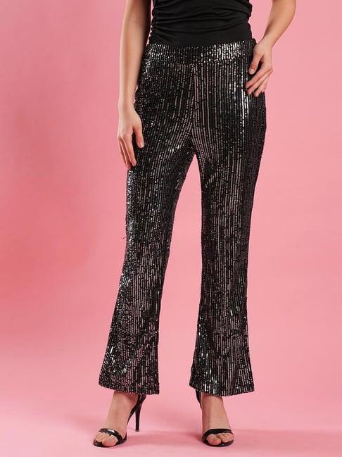 globus jet black embellished flared fit mid rise trousers