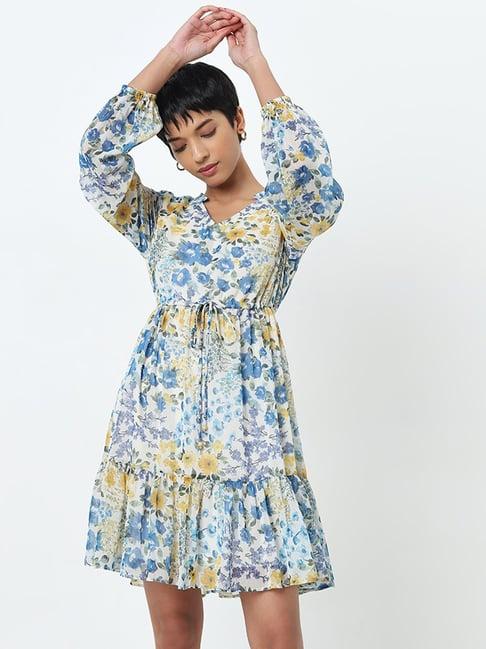 lov by westside blue floral printed tiered dress