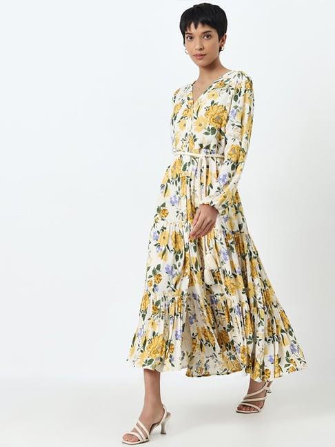 lov by westside yellow floral printed tiered dress with belt