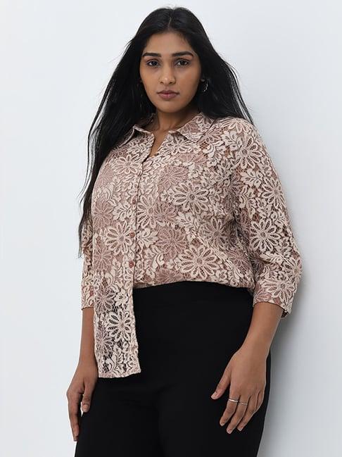 gia by westside beige floral lace design shirt with camisole