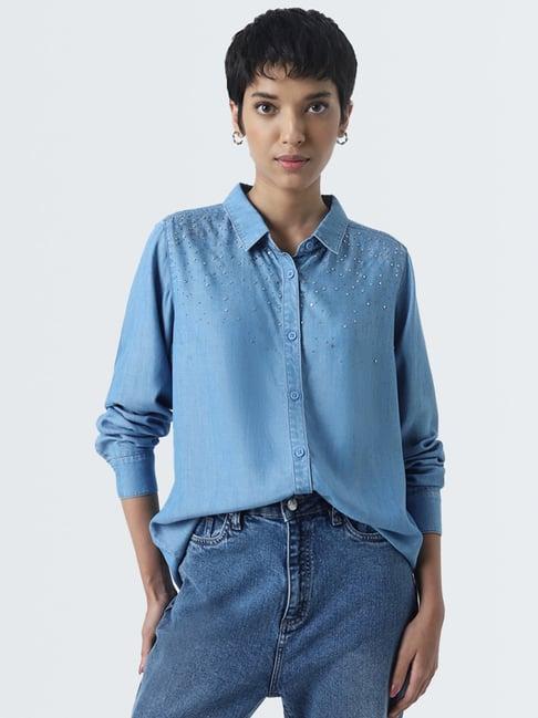 lov by westside blue embellished denim shirt