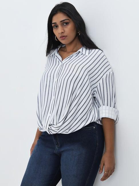 gia by westside white stripe printed front knot cotton shirt