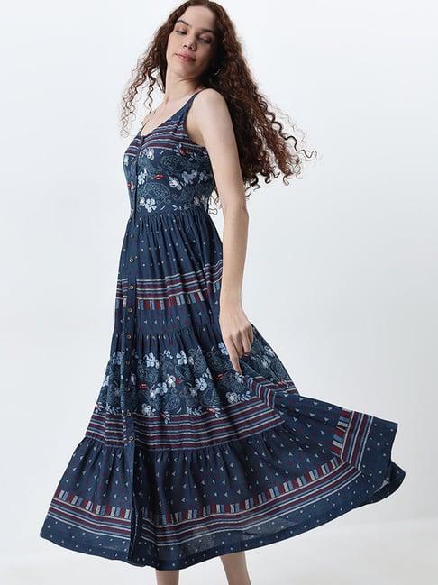 bombay paisley by westside dark blue paisley printed tiered dress