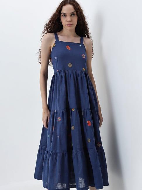 bombay paisley by westside dark blue embroidered a-line cotton dress