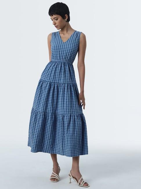 lov by westside blue gingham checks design tiered dress