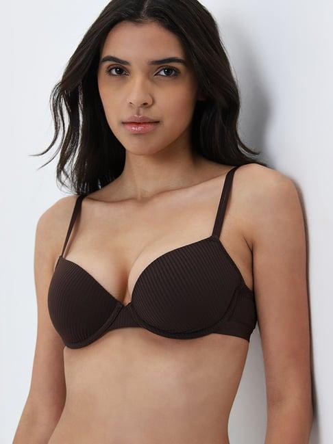 wunderlove by westside dark brown self-striped underwired bra