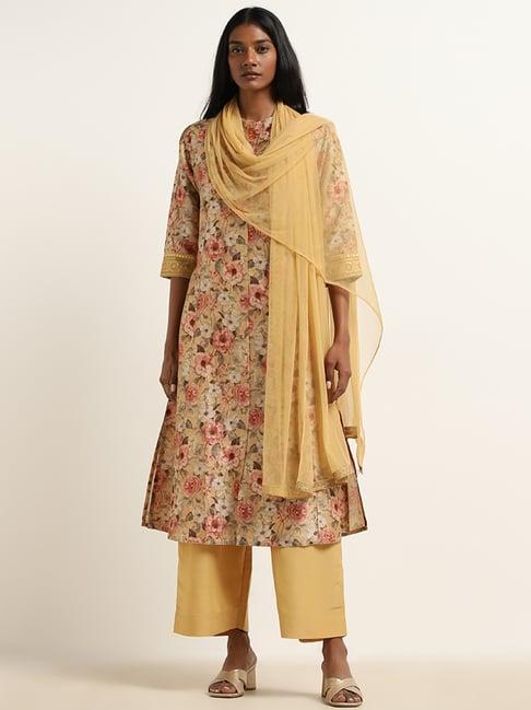 vark by westside yellow floral a-line kurta, palazzos and dupatta set