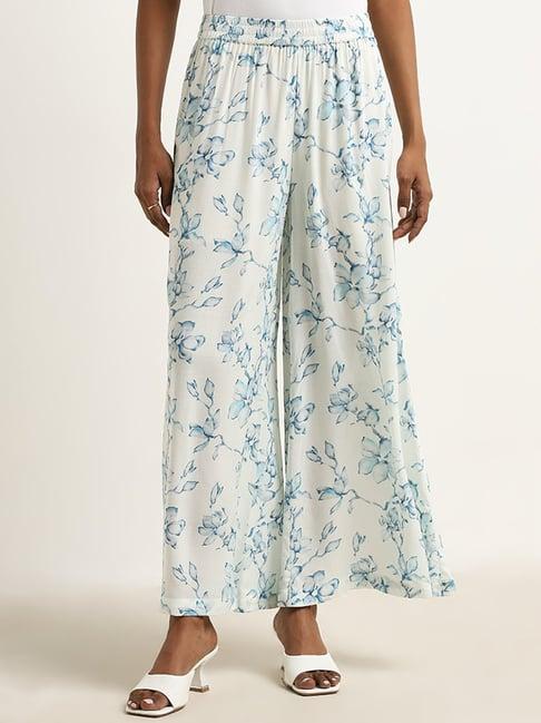 zuba by westside light blue floral printed high-rise palazzos