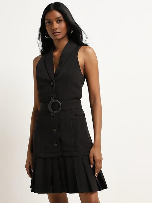 wardrobe by westside black solid a-line dress with belt