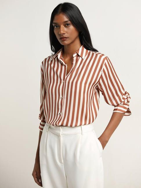 wardrobe by westside brown stripe printed shirt