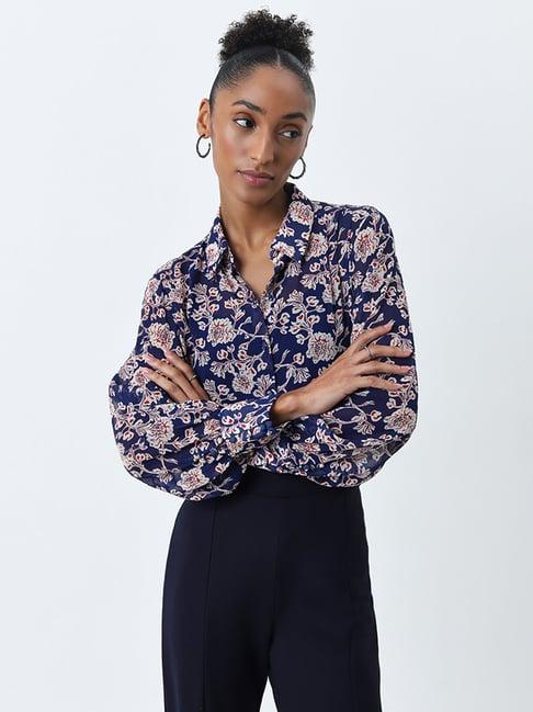 wardrobe by westside blue floral printed shirt with camisole