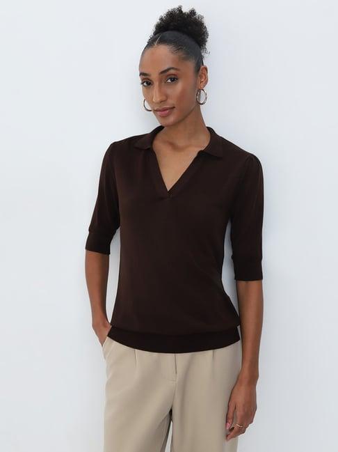 wardrobe by westside dark brown knit-textured top