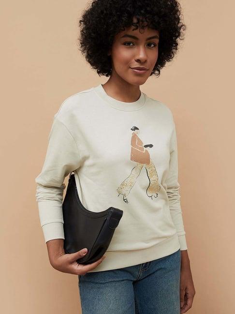 fame forever by lifestyle beige cotton printed sweatshirt