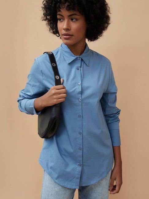 fame forever by lifestyle blue cotton plain shirt