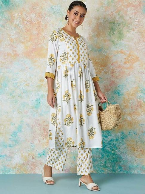 melange by lifestyle off-white printed kurta palazzo set