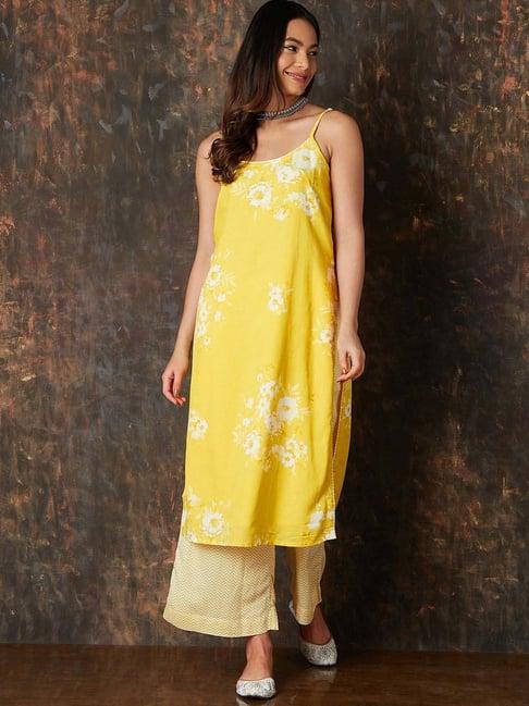 melange by lifestyle yellow printed kurta palazzo set