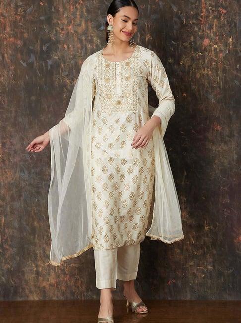 melange by lifestyle off-white embroidered kurta pant set with dupatta