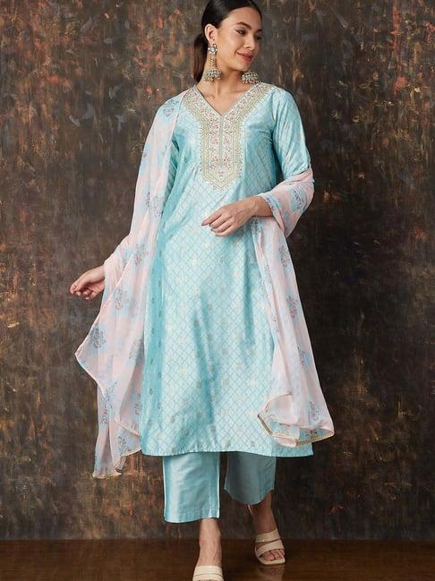 melange by lifestyle blue embroidered kurta pant set with dupatta