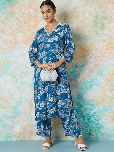 melange by lifestyle blue printed kurta palazzo set