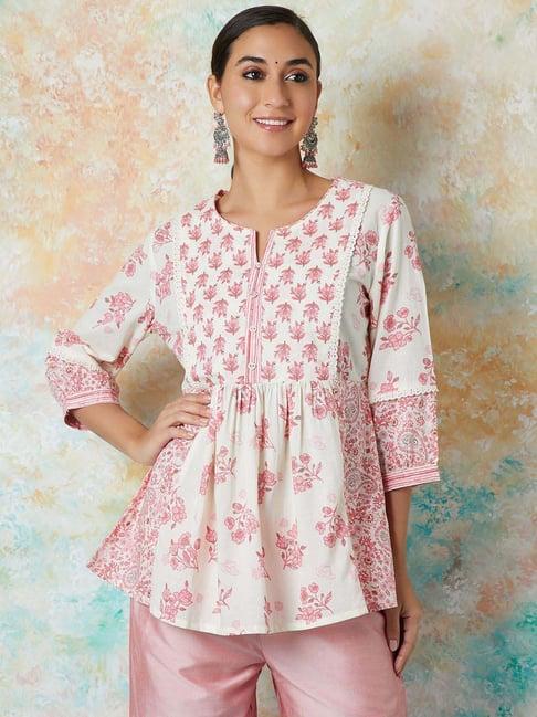 melange by lifestyle off-white cotton printed tunic