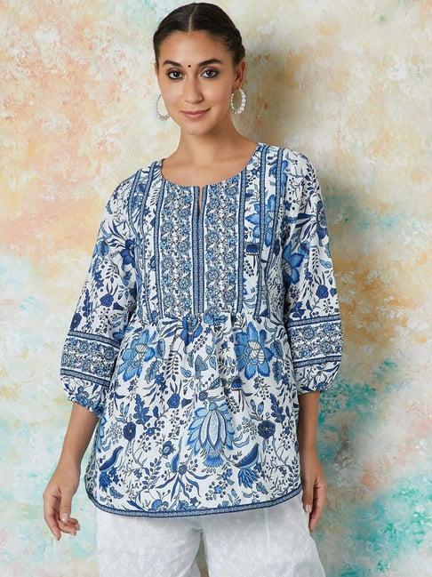 melange by lifestyle blue cotton printed tunic