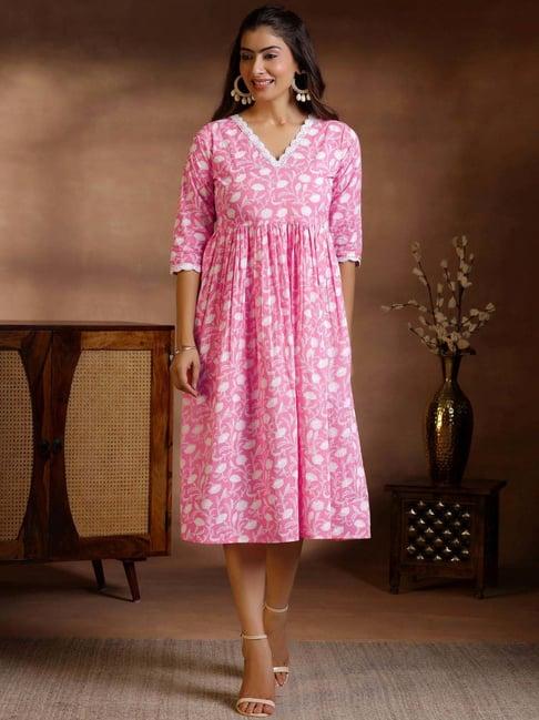 libas pink cotton printed a-line dress