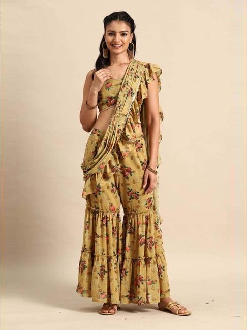 libas olive green printed ready to wear saree with blouse