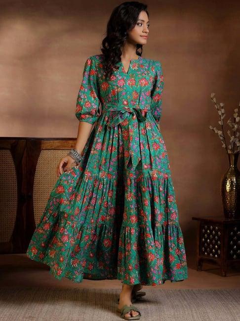 libas turquoise cotton printed a-line dress