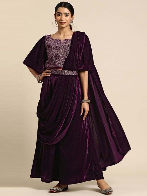 libas purple embroidered ready to wear saree with blouse