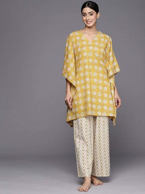 libas mustard cotton printed kaftan & pyjama set