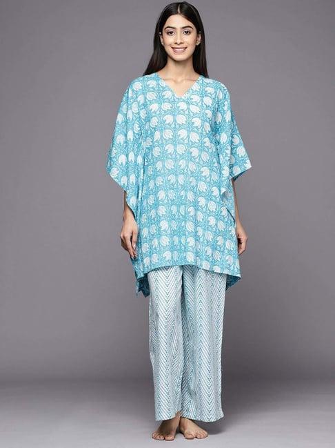 libas turquoise cotton printed kaftan & pyjama set