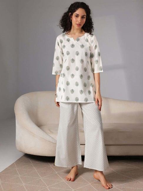 libas cream cotton printed tunic pyjamas set