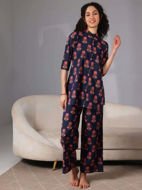 libas blue cotton printed shirt & pyjama set