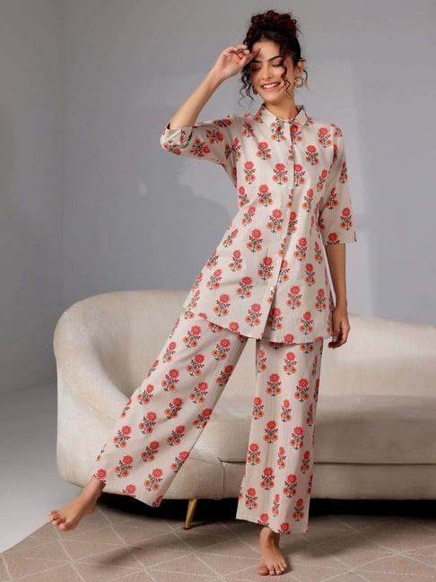 libas off white cotton printed shirt & pyjama set