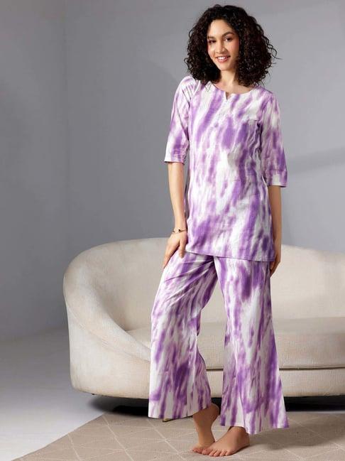 libas purple cotton printed kurti & pyjama set