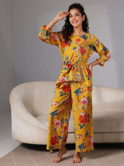 libas mustard cotton printed kurti & pyjama set