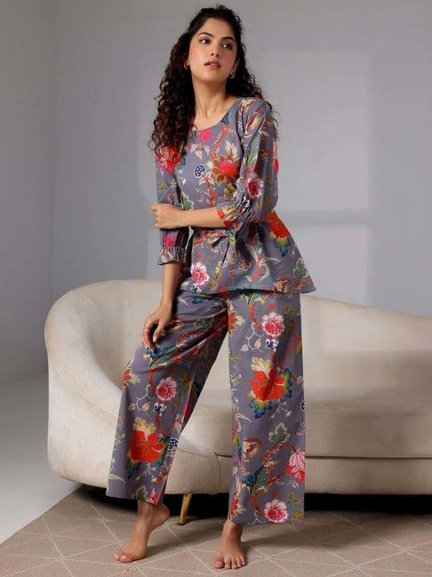 libas grey cotton printed kurti & pyjama set