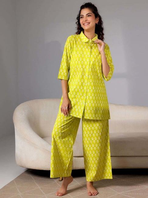 libas lime yellow cotton printed shirt & pyjama set