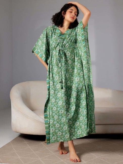 libas green cotton printed kaftan