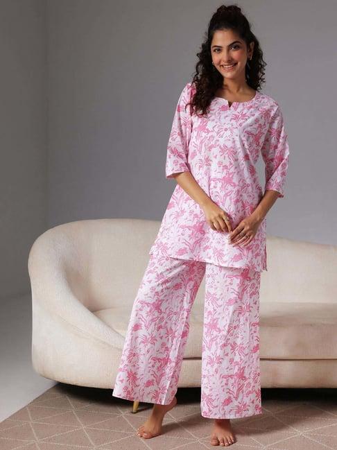 libas white & pink cotton printed kurti & pyjama set