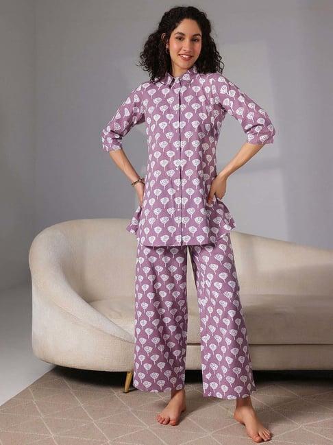 libas purple cotton printed shirt & pyjama set