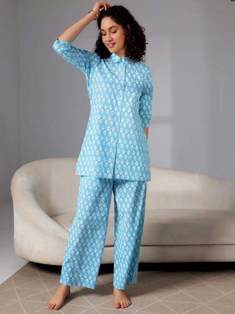 libas blue cotton printed shirt & pyjama set