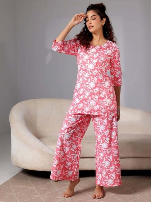 libas pink cotton printed kurti & pyjama set