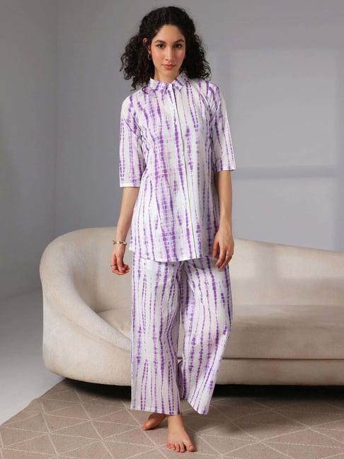 libas purple cotton printed shirt & pyjama set