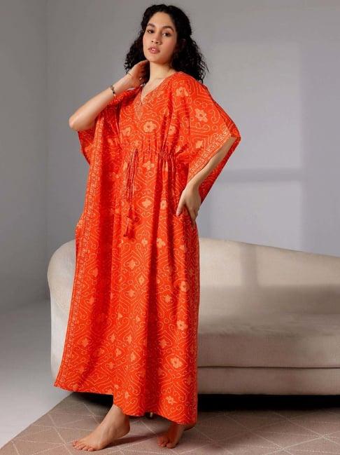 libas orange cotton printed kaftan