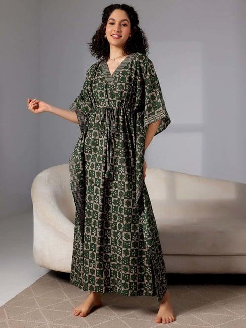 libas green cotton printed kaftan