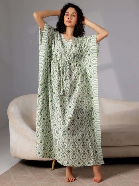 libas green cotton printed kaftan