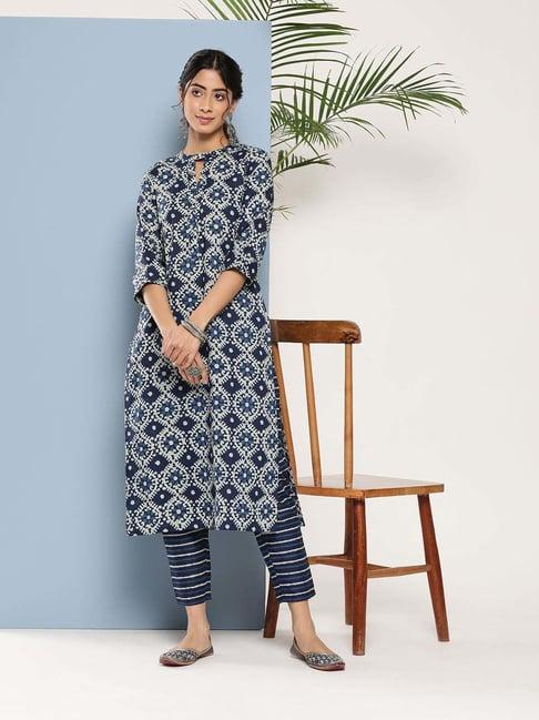 libas blue cotton printed straight kurta