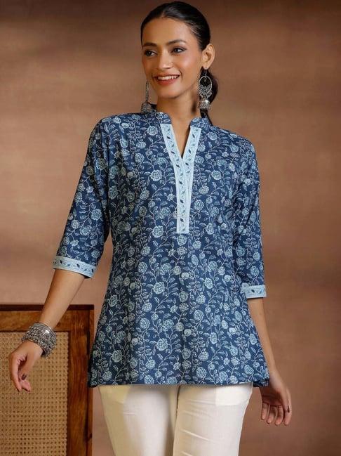 libas blue cotton printed straight kurti