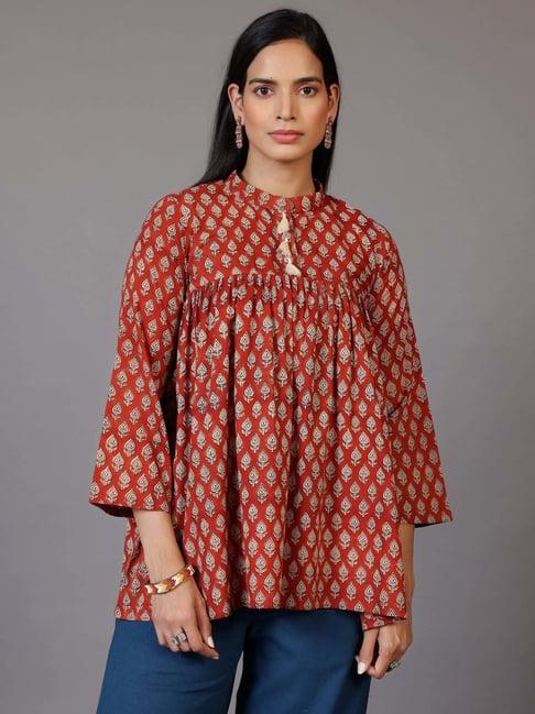 libas rust cotton printed a line kurti